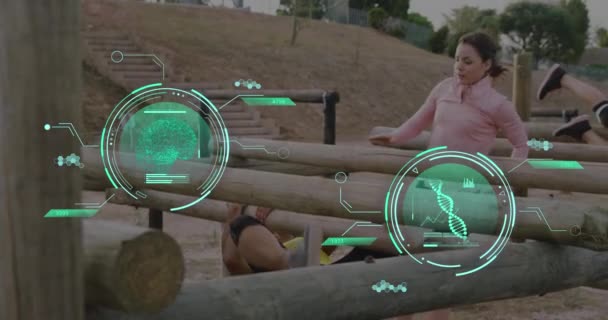 Animazione Dell Elaborazione Dei Dati Scientifici Diverse Donne Corsa Ostacoli — Video Stock