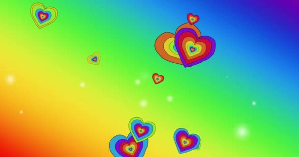 Animation Regnbågens Hjärtan Över Regnbågens Bakgrund Pridemånad Lgbtq Mänskliga Rättigheter — Stockvideo