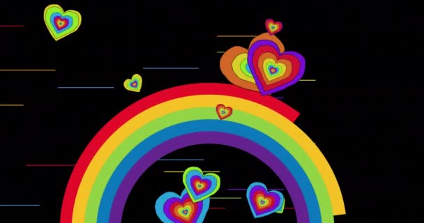彩虹上的彩虹心在黑色背景上的动画 Pride Month Lgbtq Human Rights Equality Concept Digital Generated — 图库视频影像