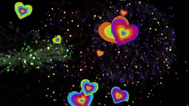 黒を背景に花火の上に虹の心のアニメーション プライド月 Lgbtq 人権と平等の概念デジタル生成されたビデオ — ストック動画