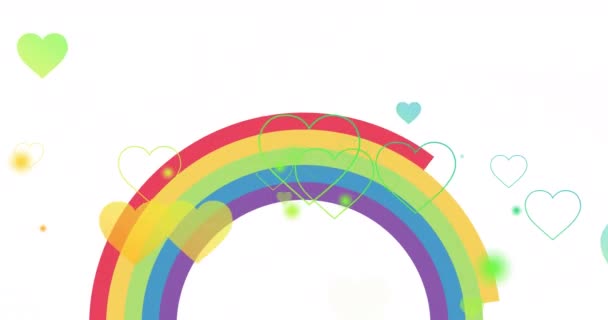 Animation Regnbågens Hjärtan Över Regnbågen Vit Bakgrund Pridemånad Lgbtq Mänskliga — Stockvideo
