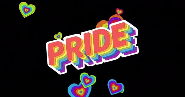 Animación Texto Orgullo Corazones Arco Iris Sobre Fondo Negro Pride — Vídeo de stock