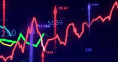 Finansal veri işleme animasyonu, oklu istatistikler ve kırmızı çizgi. Küresel iş, finans, hesaplama ve veri işleme kavramı dijital olarak oluşturulmuş video.