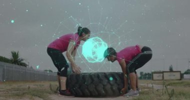 Engelli parkurunda koçu olan çeşitli kadınlar üzerinde bir animasyon. Küresel spor, sağlık, fitness ve dijital arayüz kavramı dijital olarak oluşturulmuş video.