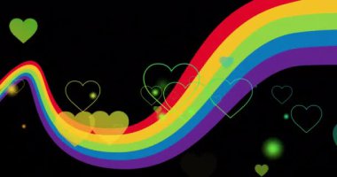 Siyah arka planda gökkuşağı kalplerinin animasyonu. Gurur ayı, lgbtq, insan hakları ve eşitlik kavramı dijital olarak oluşturulmuş video.