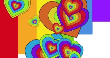Gökkuşağı arka planında gökkuşağı kalplerinin animasyonu. Gurur ayı, lgbtq, insan hakları ve eşitlik kavramı dijital olarak oluşturulmuş video.