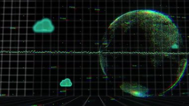 Küre animasyonu, bulut simgeleri ve şebeke üzerinde veri işleme. Küresel bağlantılar, dijital arayüz, veri işleme ve hesaplama kavramı dijital olarak oluşturulmuş video.