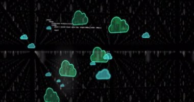 Bulut simgeleri ve veri işleme animasyonları. Küresel bağlantılar, dijital arayüz, veri işleme ve bulut hesaplama kavramı dijital olarak oluşturulmuş video.