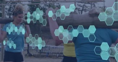 Engelli parkurunda koçu olan çeşitli kadınlar üzerinde bir animasyon. Küresel spor, sağlık, fitness ve dijital arayüz kavramı dijital olarak oluşturulmuş video.