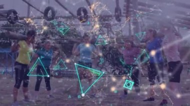 Engelli parkurundaki çeşitli kadınlar üzerinde bir animasyon. Küresel spor, sağlık, fitness ve dijital arayüz kavramı dijital olarak oluşturulmuş video.