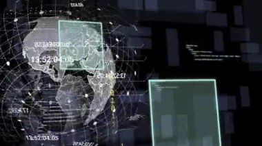 Dijital ekranlar üzerinden küresel ve veri işleme animasyonu. Küresel bağlantılar, dijital arayüz, veri işleme ve hesaplama kavramı dijital olarak oluşturulmuş video.
