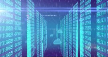 Bulut simgelerinin animasyonu, veri işleme ve bilgisayar sunucuları üzerindeki bağlantılar. Küresel bağlantılar, dijital arayüz, veri işleme ve hesaplama kavramı dijital olarak oluşturulmuş video.