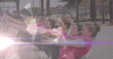 Engelli parkurunda koçu olan çeşitli kadınlar üzerinde bir animasyon. Küresel spor, sağlık, fitness ve dijital arayüz kavramı dijital olarak oluşturulmuş video.