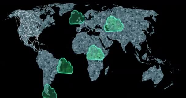 Animación Iconos Nube Procesamiento Datos Través Del Mapa Mundial Conexiones — Vídeo de stock