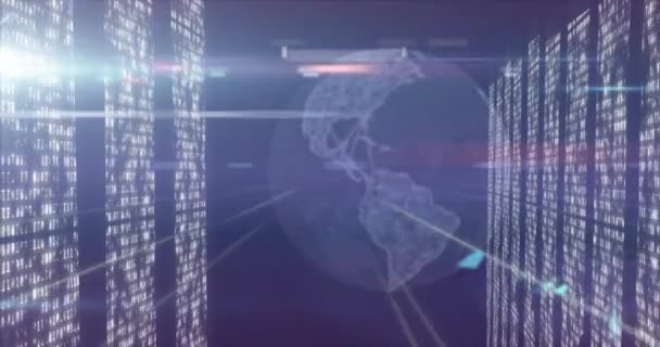 地球のアニメーション コンピュータサーバー上のデータ処理と接続 グローバル接続 デジタルインターフェイス データ処理およびコンピューティングコンセプトデジタルで生成されたビデオ — ストック動画