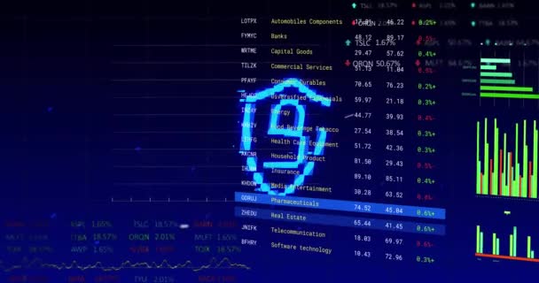 Animación Candado Estadísticas Mercado Valores Procesamiento Datos Financieros Seguridad Global — Vídeo de stock