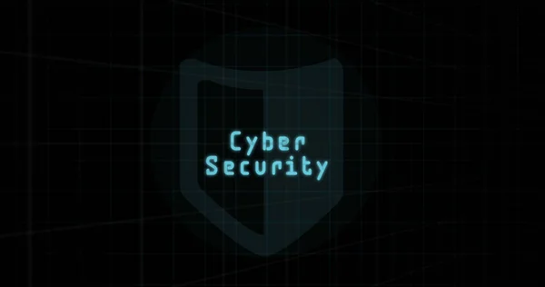黒の背景にシールド上のサイバーセキュリティテキストのイメージ グローバルセキュリティ テクノロジー デジタルインターフェースの概念デジタル生成された画像 — ストック写真