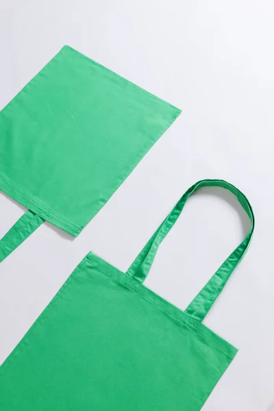 High Angle View Two Green Canvas Bags Copy Space White — Stock Photo, Image