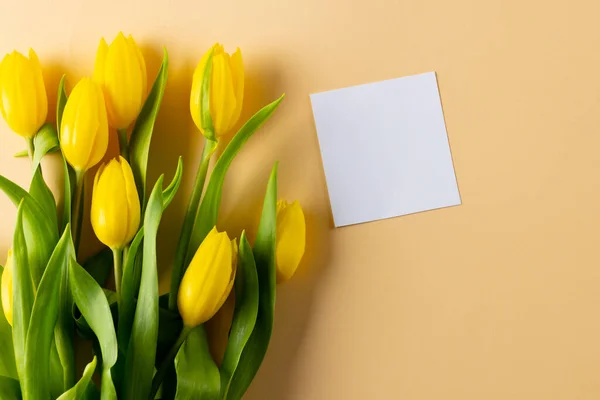 Afbeelding Van Gele Tulpen Kaart Met Kopieerruimte Gele Achtergrond Moederdag — Stockfoto