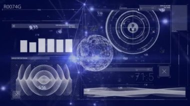 Veri işleme üzerine simgeli ve bağlantıları olan dünyanın animasyonu. Dijital olarak oluşturulmuş küresel bağlantılar, hesaplama ve veri işleme kavramı.