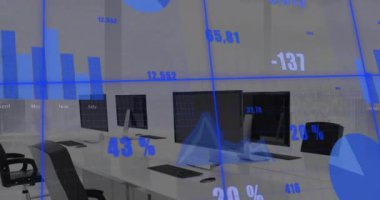 Boş ofise karşı şebeke üzerinden istatistiksel veri işleme animasyonu. İş veri teknolojisi kavramı