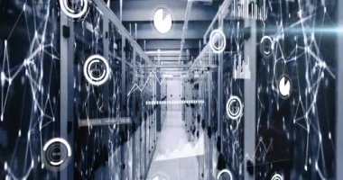 Bilgisayar sunucu odasına karşı veri işleme ve bağlantı ağının animasyonu. Bilgisayar arayüzü ve iş veri depolama teknolojisi kavramı