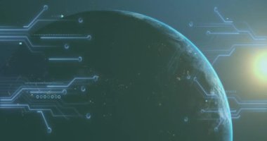 Dünya üzerindeki veri işleme ve devre kartlarının animasyonu. Küresel veri işleme ve hesaplama kavramı dijital olarak oluşturuldu.