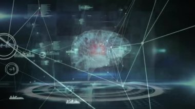 Yuvarlak tarayıcı ve ışık yollarının üzerindeki bağlantı ağının ve insan beyni ikonunun animasyonu. Küresel ağ ve tıbbi araştırma teknolojisi kavramı