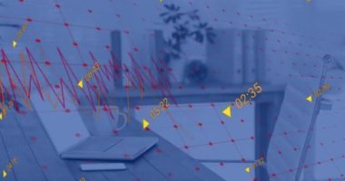 Akıllı telefon, dizüstü bilgisayar ve kahve fincanı ile ilgili istatistiksel veri işleme animasyonu. İş veri teknolojisi kavramı