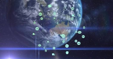 Veri işleme ve dünya üzerindeki simge ağının animasyonu. Küresel iş, bulut hesaplama, dijital arayüz ve veri işleme kavramı dijital olarak oluşturuldu.