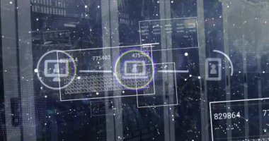Veri işleme ve sunucu odasında ortam simgeleri ve şekillerin canlandırılması. Küresel teknoloji ve dijital arayüz konsepti dijital olarak oluşturulmuş video.