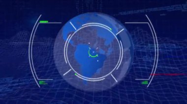 Kapsamlı tarama ve veri işleme üzerinden bağlantı olan dünyanın animasyonu. Dijital olarak oluşturulmuş küresel bağlantılar, hesaplama ve veri işleme kavramı.