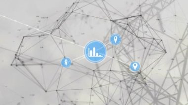 Gri arkaplan karşısında bağlantı ağının ve dijital simgelerin animasyonu. Küresel ağ ve iş teknolojisi kavramı