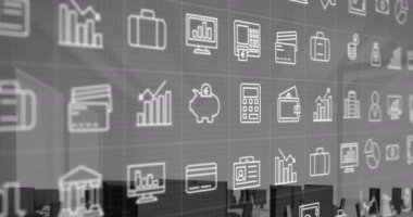 Boş ofise karşı şebeke üzerinden çoklu dijital simgelerin canlandırılması. Bilgisayar arayüzü ve iş teknolojisi kavramı