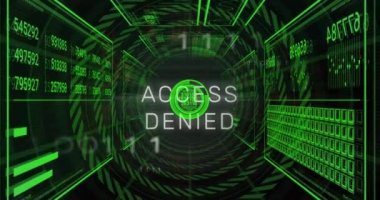 Erişimi engellenmiş metin animasyonu, daire içindeki numaraları değiştirme, siyah arkaplana çubuklar yükleme. Dijital olarak üretilmiş, hologram, illüstrasyon, yasak, kilitli, korunmuş ve teknoloji konsepti.