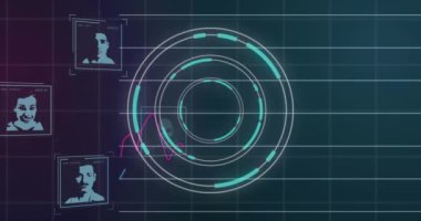 Biyometrik fotoğrafların animasyonu, finansal veri işleme ve tarama. Dijital olarak oluşturulmuş küresel bağlantılar, iş, bilgisayar ve veri işleme kavramı.