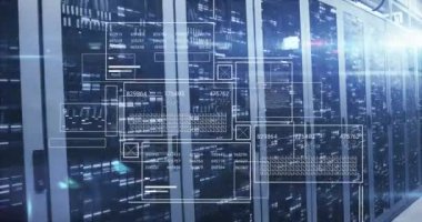 Bilgisayar sunucuları üzerinden veri işleme animasyonu. Küresel bulut hesaplama, dijital arayüz ve veri işleme kavramı dijital olarak oluşturulmuş video.