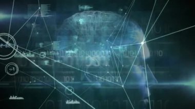 İnsan beyni ikonu ve ışık noktası üzerinde bağlantı ağının ve veri işleme ağının animasyonu. Küresel ağ ve tıbbi araştırma teknolojisi kavramı