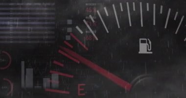 Yakıt göstergesi veri işleme ve istatistiklerinin animasyonu. Otomobil endüstrisi, petrol, iş, veri işleme ve dijital olarak üretilen görüntü konsepti.
