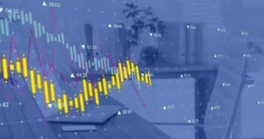 Akıllı telefon, dizüstü bilgisayar ve kahve fincanı ile ilgili istatistiksel veri işleme animasyonu. İş veri teknolojisi kavramı