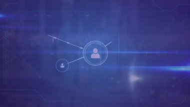 Mavi arkaplana karşı profil simgelerinin ve ışık izlerinin oluşturduğu ağın animasyonu. Küresel ağ ve iş teknolojisi kavramı