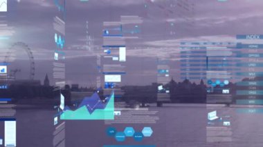 Manzara üzerinde istatistik ve finansal veri işleme animasyonu. Küresel bulut hesaplama ve veri işleme kavramı dijital olarak oluşturulmuş video.