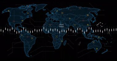 Dünya haritası üzerinde veri işleme animasyonu. Küresel dijital arayüz, veri işleme ve bağlantılar konsepti dijital olarak oluşturulmuş video.