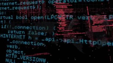 Dönen dünya üzerinde veri işleme animasyonu ve kara arka planda dünya haritası. Bilgisayar arayüzü ve iş teknolojisi kavramı