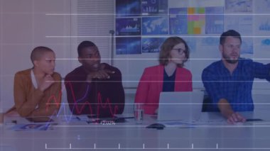 Animation of financial data processing over diverse business people in office. Global business, finances, computing and data processing concept digitally generated video.
