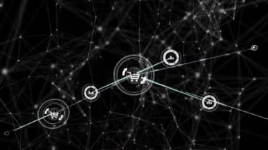 Siyah arkaplan karşısında bağlantı ağının ve dijital simgelerin animasyonu. Küresel ağ ve iş teknolojisi kavramı