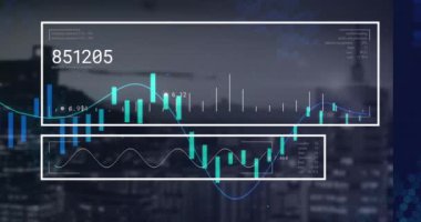 Şehir manzarasının havadan görüntüsüne karşı veri işleme arayüzünün animasyonu. Bilgisayar arayüzü ve iş teknolojisi kavramı