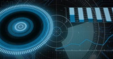 Aydınlatılmış dairelerin radar ve grafiklerin siyah arka planda canlandırılması. Dijital olarak üretilen hologram, illüstrasyon, sonar raporu, iş, şekil, soyut ve teknoloji kavramı.