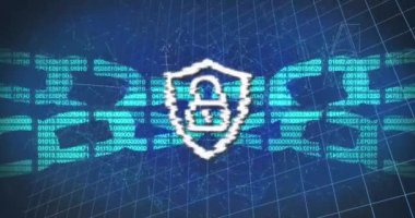 Izgara üzerinde asma kilit, zincir ve veri işleme animasyonu. Küresel çevrimiçi güvenlik, iş, finans, bulut hesaplama ve veri işleme kavramı dijital olarak oluşturulmuş video.