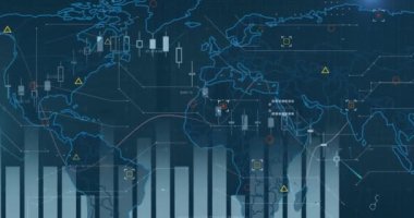 Animation of financial data processing over world map. Global business, finances, computing and data processing concept digitally generated video.